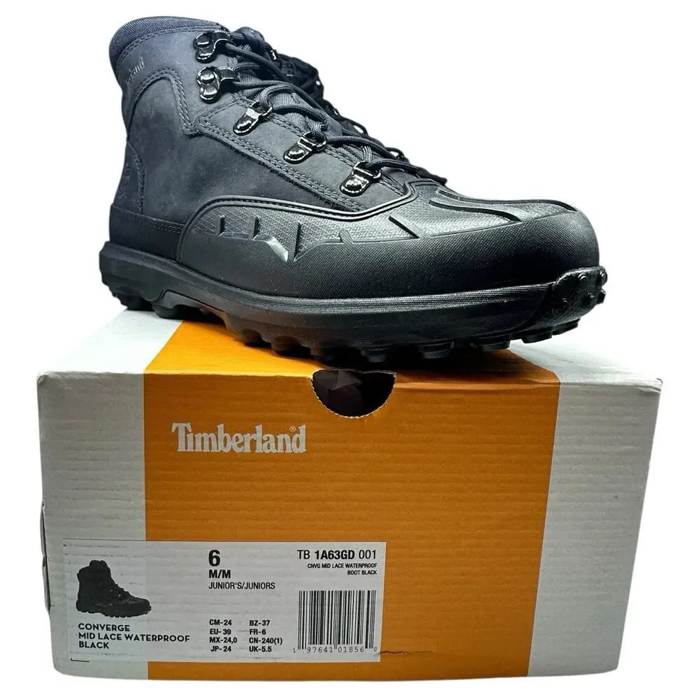 Timberland Converge Mid Lace Waterproof Juniors 6M‎ Leather Boots Black Gorpcore